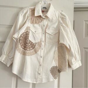 New Anthropologie Shirt Short Sleeve Button Down Bohemian Cream Size XXS